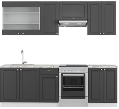 Vicco Küchenzeile Fame-Line, Anthrazit-Gold/Weiß, 240 cm ohne Arbeitsplatte