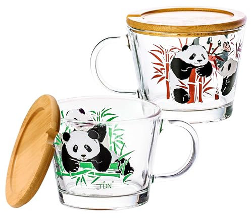 TDN 400ml*2 Tasses à café en verre avec couvercles, Verres à Café avec Anse Parfait pour le café au Latte, Cappuccino, Macchiato, Lavable au Lave-vaisselle (Panda)