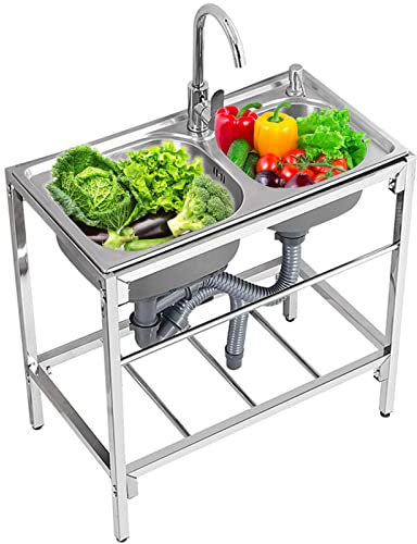 AZMANI Lavello Cucina 2 Vasca, Lavelli Commerciale Autoportante con Rubinetto e Piletta, Lavatoio da Giardino Campeggio, per Ristorante Esterno Interno