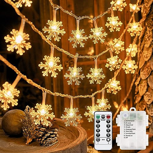 OAICIA Lichterkette LED Schneeflocken Lichterketten Batterie 40 LED 6m Weihnachten Licht mit Fernsteuerung IP44 Wasserdicht Außen Innen 8 Modi für Weihnachten Halloween Vorhang Garten Party - Warmweiß