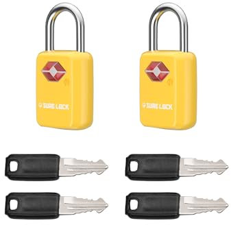 Sure Lock TSA-zugelassene Gepäckschlösser, Mini-Schloss mit Schlüsseln für Reisen, Gehäuse aus Zinklegierung mit Stahlbügel, Schlüssel gleich, Schlüssel im gleichen Paket (2 gelbe Schlösser)