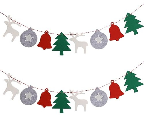 GORGECRAFT Weihnachtsbanner Flagge Weihnachtsbaumgirlande 16 Anhänger 3 m Seil Kugel Hirsch Baum Und Glocke Stoffbanner Wimpelkette Für Weihnachtsbaum Feiertage Drinnen Draußen Zuhause Hängedekoration