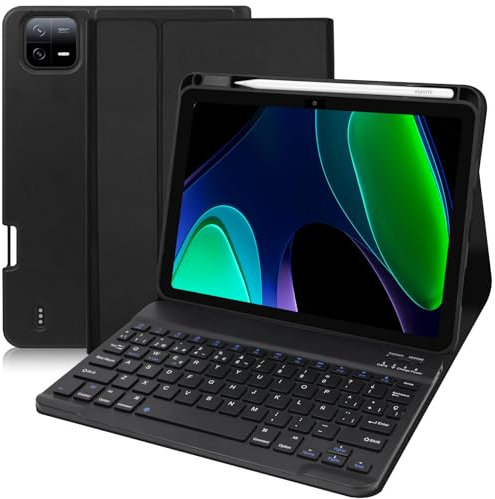 YUEJIDZ Funda con Teclado Español Ñ para Xiaomi Pad 6/ Pad 6 Pro 2023, Funda Xiaomi Pad 6 11 Pulgada con Teclado, Teclado Bluetooth Desmontable para Xiaomi Mi Pad 6/6 Pro 11 Pulgadas,Negro