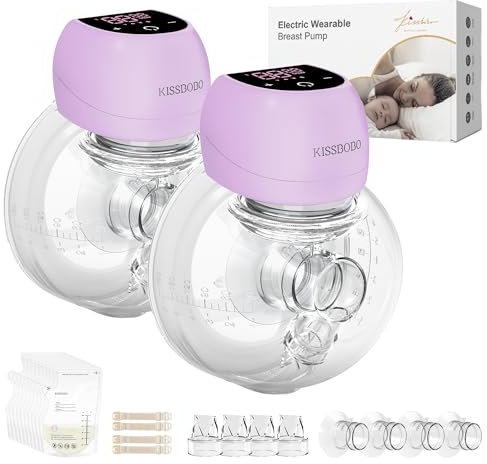 Electric Breast Pump, Breast Pumps Electrical 4 Modes 12 Levels, Hands Free Wearable Portable with LED Display, Low Noise Painless Rechargeable Wireless Breast Pump W/21&24MM Flanges(Purple 2PCS)