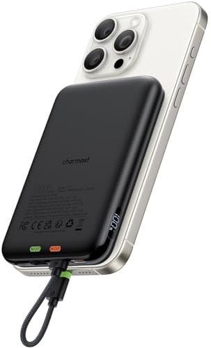 Charmast Mini Powerbank 20W PD 10000mAh Power Bank mit integriertes Ladekabel für iPhone, USB C Externer Akku Anti-Rutsch Tragbares Ladegerät Kompatibel mit iPhone 16/15/14/13/12 Handys