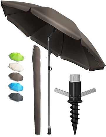 Menz SET Sonnenschirm Strand - Strandschirm mit Bodenhülse & Schutzhülle, Strandschirm UV-Schutz 50+, Strandschirm windfest stabil Ø 180 cm, Fb. Beige