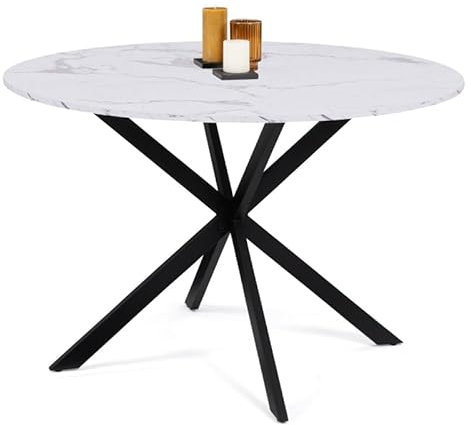 IDMarket - Esstisch, rund, Alix, 6 Personen, Spinnenfuß, Schwarz und Platte in Marmor-Optik, Weiß, Alaska, 110 cm