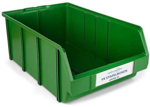 Stapelboxen der Größe XL 489x304x185mm für dein Kleinteilelager, Sortierkisten in 5 Farben, Zubehör wie Deckel Trennsteg Beschriftungsfach Etikett Wandschiene Sichtkästen (Grün, 9 Stück)