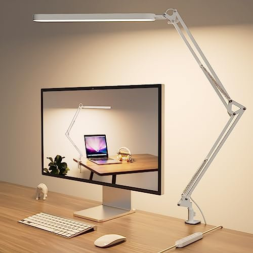 SKYLEO Schreibtischlampe LED Dimmbar - 80cm Desk Lamp - 5 Farbmodi X 11 Helligkeitsstufen - 1300LM - Timmer & Memory - 12W Bürolampe Schreibtisch - Weiß