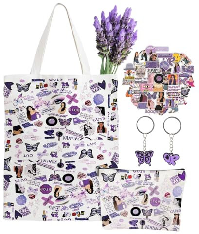 Olva Merch Album-Tasche aus Segeltuch, Sänger-Musik-Make-up-Tasche, Kosmetiktasche mit Aufklebern und Schlüsselanhänger, G-U-T-S Tour-Konzert-Tragetasche, Geschenk für Fans, Frauen, violett, S,