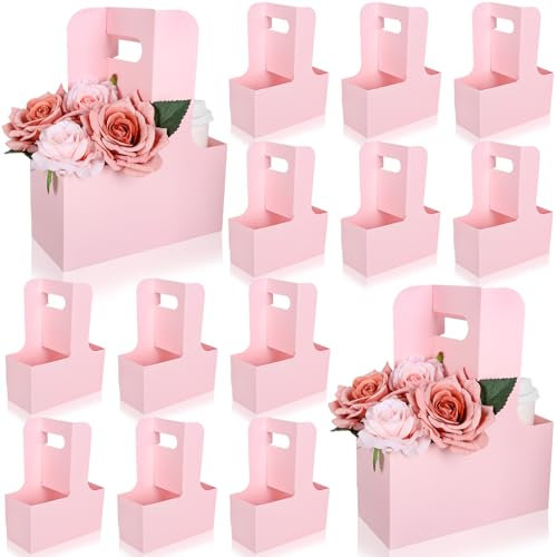 Whaline Pink Kraft Flower Gift Bags 20Pcs Drink Carriers with Handle to 2 Cup Floral Wrap Packing Box Paper Holder Baskets for Mother's Day Valentine's Day Wedding Baby Shower Birthday Party Decor