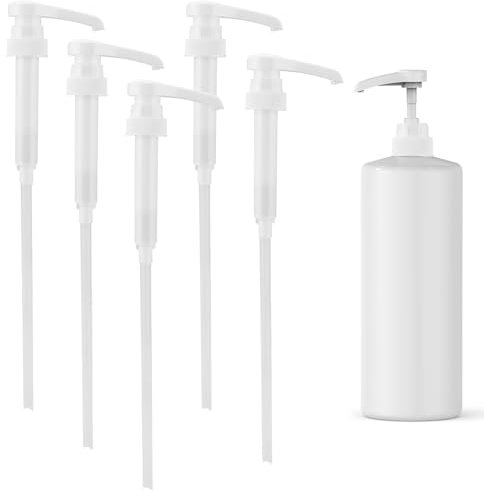 Lot de 5 Pompe doseuse bidon 1 litres+ Bouteille Pompe Vide, réutilisables Flacon Pompe Vide Plastique Remplacement de 34 cm pour de Liquide de Salle de Bain pour bouteilles de 1000 ml+