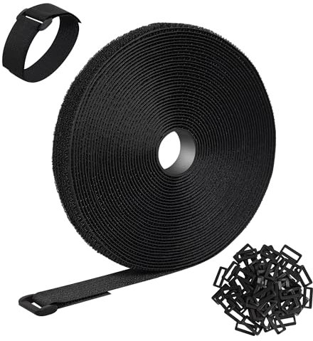 Fascette Fermacavi da 10m x 2.5cm con 70 Fibbie, Fascette Nere Riutilizzabili, Fascette a Strappo, Cinghie Fermacavi per Cable Management