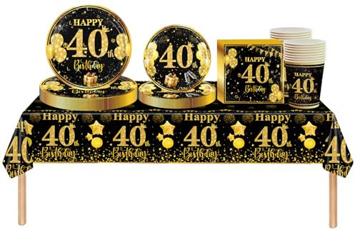 69pcs Black Gold 40th Decorations - Tableware, Tablecloth, Plates, Napkins, Cups for Birthday Gifts