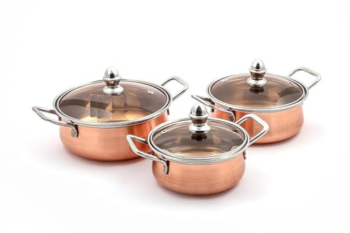 Minar - Set di pentole in rame con coperchio in vetro (acciaio inossidabile, rame, 3 pezzi)