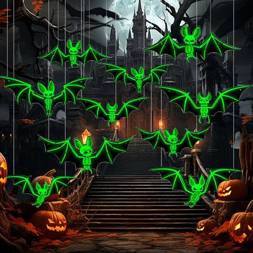 Macayda Halloween Deko, 10 Stück Halloween Fledermaus Deko Leuchtender Halloween Deko Outdoor Wasserdichtes PVC Halloween Wanddeko Horror Deko für Halloween-Partydekorationen