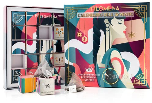 Novecento Tè | Caja de té de hierbas Filomena Mix Tea | Calendario de Adviento Té 25 filtros en 4 sabores | Estuche de té y té | Pack de cubos de rompecabezas del juego de Adviento