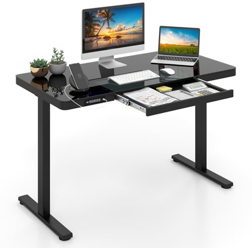 GYMAX Elektrischer Stehschreibtisch 120x60 cm, höhenverstellbarer Arbeitstisch mit beschreibbarer Glasplatte & Schublade, ergonomischer Steh-Sitz Tisch, PC Tisch mit Ladestation (Schwarz)