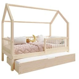 TIMBEE ZOJA - Duo Holzbett - in Hausform mit Rundstäben und Einer Schublade - Skandinavischer Stil - Massive Konstruktion aus Naturholz - Option mit Schlaffunktion - Unlackiert - 90x200cm