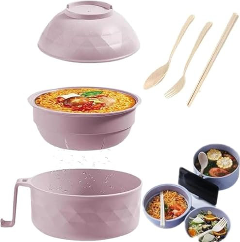 Lot de 6 saladiers Ramen avec couvercle et couverts,vaisselle japonaise pour ramen,passe au micro-ondes, kit complet avec cuillère,fourchette et baguettes,Approprié pour la maison et les idées (rose)