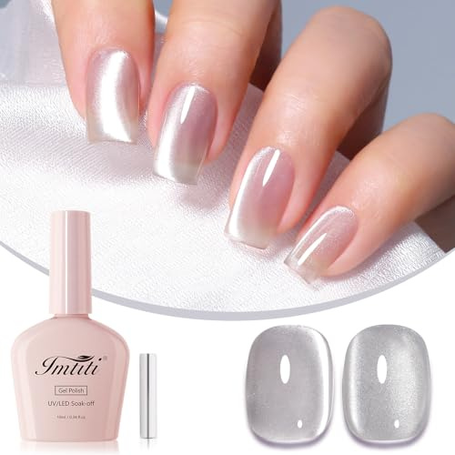 Imtiti Sheer Silver Cat Eye Gel Nail Polish 10ML Magnetic Pearl UV LED Soak Off Translucent Silver Shimmer Long Lasting 28+ Days High Gloss Salon Quality Nail Art Women Girls Gift 0.34 fl oz