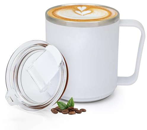 VOBAGA 15oz Stainless Steel Coffee Mug with Flat bottom and Handle, Work with Coffee Warmer for Rapid Heating Coffee, Tea and Milk Office Desk Accessories White