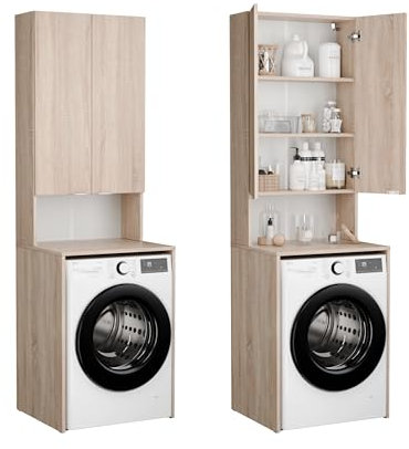PLATAN ROOM Armoire haute pour machine à laver et sèche-linge - 210 x 65 x 50/56 cm - Blanc (chêne Sonoma, 50 cm de profondeur)