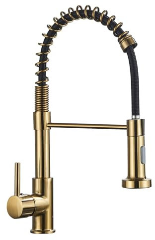 Zamery Armatur Küche Gebürstetes Gold 2 Modi, Küchenarmatur mit Brause Ausziehbar Edelstahl 304 Spiralfederarmatur Mischbatterie Küche, Küchenarmaturen 360°-schwenkfunktion