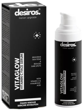Vita Glow by Desiros – Siero Viso Uomo con Vitamina E, Vitamina C e Acido Ialuronico – Effetto Anti invecchiamento, Illuminante, Idratante - Pelle più Tonica e Uniforme – 30 ml