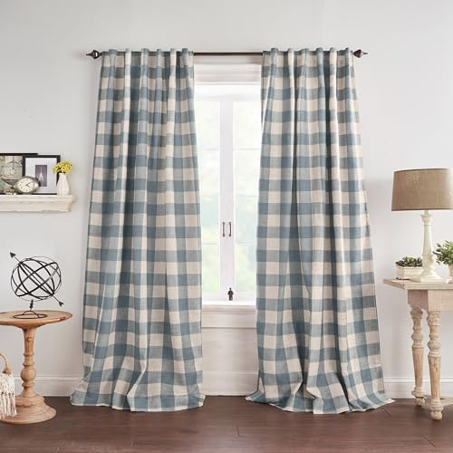 Elrene Home Fashions Farmhouse Living Grainger Buffalo-Check Room Darkening Window Curtain, Living Room and Bedroom Drape with Rod Pocket Tabs, 52 x 108, Chambray, 1 Panel