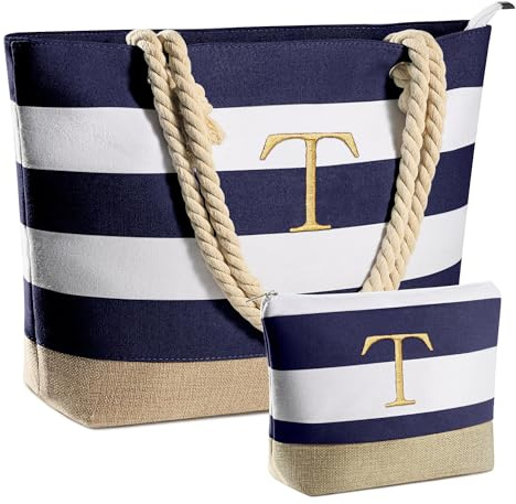 Parima Buchstaben Strandtasche Damen, Strandtasche mit Reißverschluss Groß Badetasche XXL Familie Saunatasche Reisetasche Beach Tote Bag Personalisierte Geschenk für Frauen Badetasche mit Buchstaben T