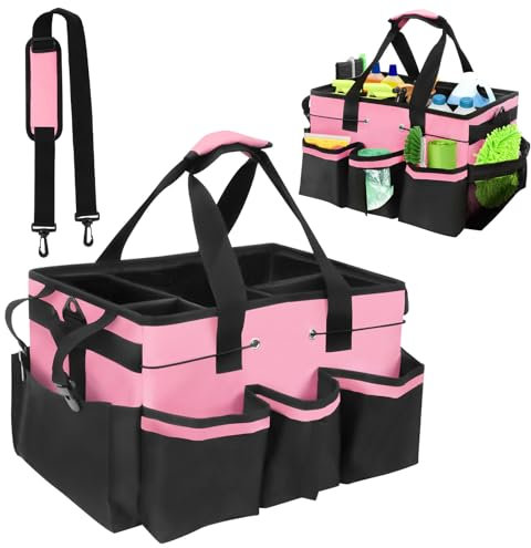 Yallmie Cleaning Caddy Bag with Handle, Cleaning Storage Bag Adjustable Car Detailing Bag, Caddy Organiser Large Multi Pocket Bucket Tool Bag for Home, Car, Garden, Craft (Pink)