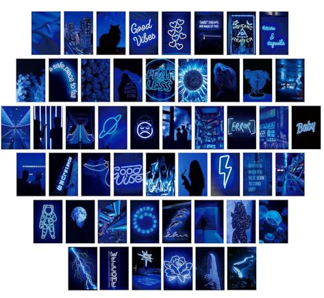 Kit de collage d'art mural vintage 50pcs - Affiche de carte postale bleue pour chambre à coucher | Décor mural boho esthétique, idées cadeaux pour adolescents, photos de dortoir, décoration de chambre