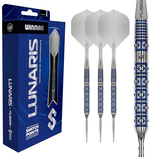 WINMAU Lunaris Darts – Profi-Darts 90 % Wolfram Dartpfeile | Blau & Silber Parallel-Barrels | Switch Point Technologie | 2 austauschbare Spitzen | Fusion Kurzschäfte & Flights | 22/23/24/25g Darts