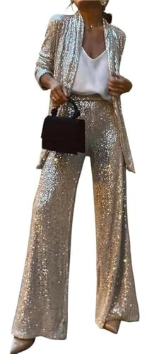 JIAALU Damen Pailletten Anzug GlitzeranzugHosenanzüge Für Damen Zweiteiliger Blazer und Hose Elegant Zweiteiler Glitzer Revers Festlich Blazern Hose Paillettenblazer Elegant Slim 2-teiliges