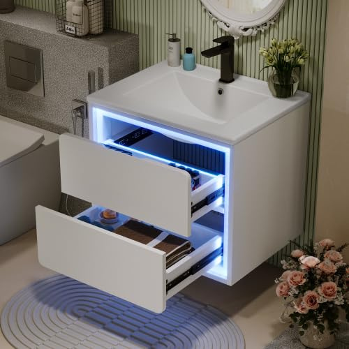 Waschbeckenunterschrank Weiß mit LED Beleuchtung | Badezimmerschrank Wandmontage & 2 Schubladen | Hängender Badunterschrank Voll lackiert | Waschtisch mit Becken | 60x50cm für kleine Badezimmer