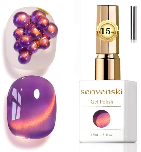 Senvenski Jelly Glass Cat Eye Gel Nail Polish with Magnet 15ML Magnetic 3D Galaxy Holographic Glitter Translucent Sheer Color Gel Polish Salon Home DIY (Amethyst Purple, MY1-052)