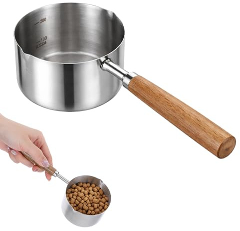 Xthrotsenk 250ml Dog Food Measuring Cup Stainless Steel Cat Dog Pet Food Scoop 1 Cup with Long Wooden Handle for Dogs Cats Easy to Clean Precise Scale