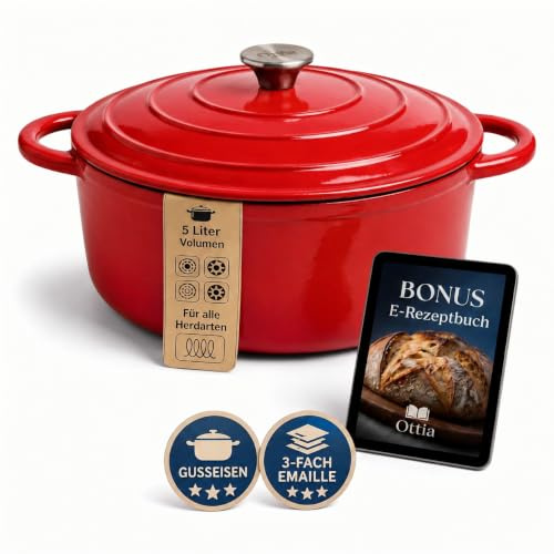 Ottia Gusseisen Topf [inkl. eBook] – Emaille Topf 26cm - Dutch Oven, Brotbackform, Brotbacktopf, Schmortopf Bräter mit Deckel, Bratentopf - auch für Induktion | Händler aus HH, Rot