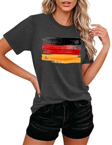 VVNTY Deutschland Flagge T-Shirt Damen Germany Grafik Shirts Basic Fußball Trikot Rundhals Tee Tops (Grau1,M)