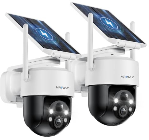 Mrowly 2K Überwachungskamera Aussen Solar, 2er Set, 360° PTZ WLAN | 2 Kameras für Eingang, Garten und Garage, Akku, abnehmbares Solarpanel, 2,4GHz WLAN, PIR, Farbnachtsicht, 2-Wege-Audio, IP66