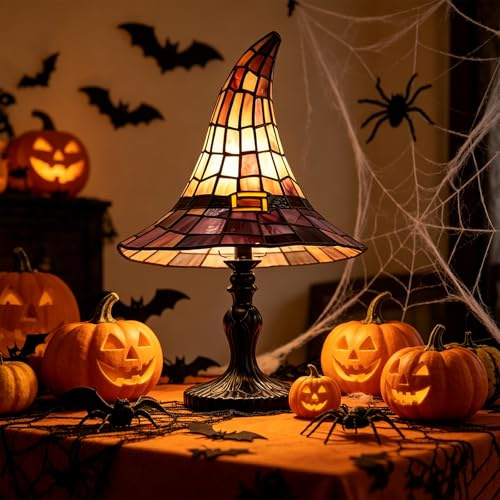 Kryilut Buntglas Hexenhut Lampe, Handgefertigte Retro Kunstharz Hexenlampe, USB-betriebenes Gotisches Zauberhut-Nachtlicht, Halloween-Deko-Akzentlampe für Schlafzimmer & Bücherregal (1 Stück)