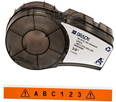Brady Vinyl-Etiketten für Etikettendrucker M211 & M210 - Vinyl-Klebe-Druckeretiketten - Industrieetikettenband für Kabel/Namensetiketten - Schwarz auf Orange (9.53mm x 6.40m) - M21-375-595-OR