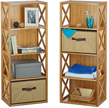 2X Regal Bambus mit Korb, 4 Ablagen, Holz Standregal, Badregal, Faltbox, HxBxT: 105 x 42 x 29 cm, Natur braun