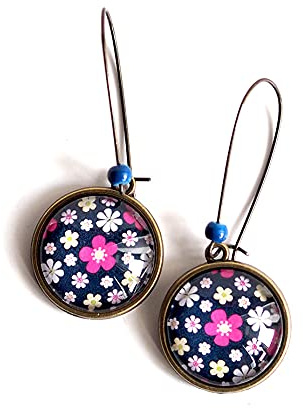 Boucles d'oreilles cabochon, image fleurie, petites fleurs violet, bleu, rose et fushia, nature