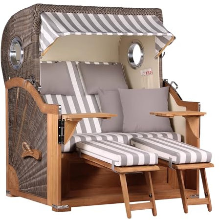 MR. DEKO® Strandkorb Baltikum 2,5-Sitzer Teak | PE Geflecht Grey | Volllieger Strandkörbe aus Teakholz mit 2 Bullaugen & Fußablagen | Polster mit 4 Kissen | Strandstuhl (Dessin 513)