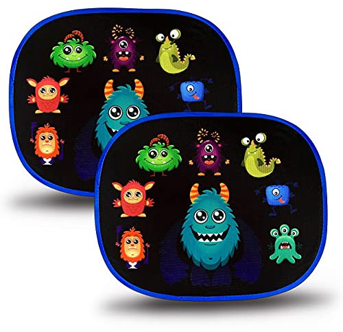 HECKBO 2X Parasol Autoadhesivo para Coche - protección Solar para niños - Monstruo - 44x36cm - protección Solar para ventanillas de Coche - Ventana Lateral - parasoles con Bolsa