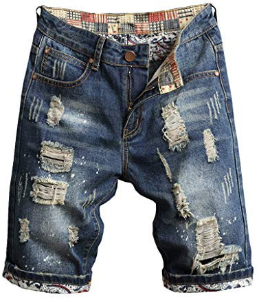 Celucke Herren Jeans Shorts Patches Kurze Hose Sommer Bermuda Denim im Used-Look, Männer Vintage Jeanshose Label Moderne Slim Fit Mix (Blau, W36)