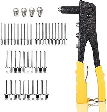 Pop Rivet Gun Kit CAMWAY Pop Riveter 4 Size 100pcs Rivets, 2.4mm 3.2mm 4mm 4.8mm, 4-in-1 Pop Rivet Gun with Carrying Case and Wrench Rivet Gun for Metal Wood and Plastic