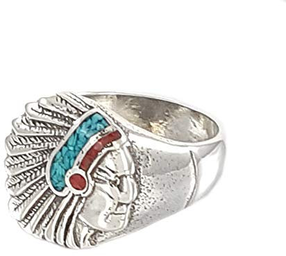 Indianerschmuck Ring Chip Inlay Türkis Koralle Häuptling Indianer Westernschmuck Indianerring Navajo Style Silver Fox (63 (20.1))